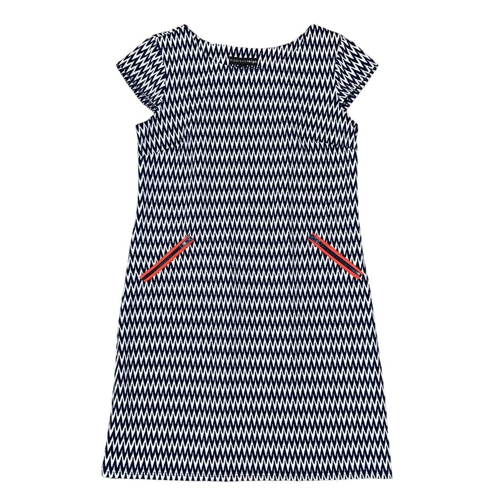 Madison Leigh Navy & White Chevron Short Sleeve Shift Dress - SIZE 10